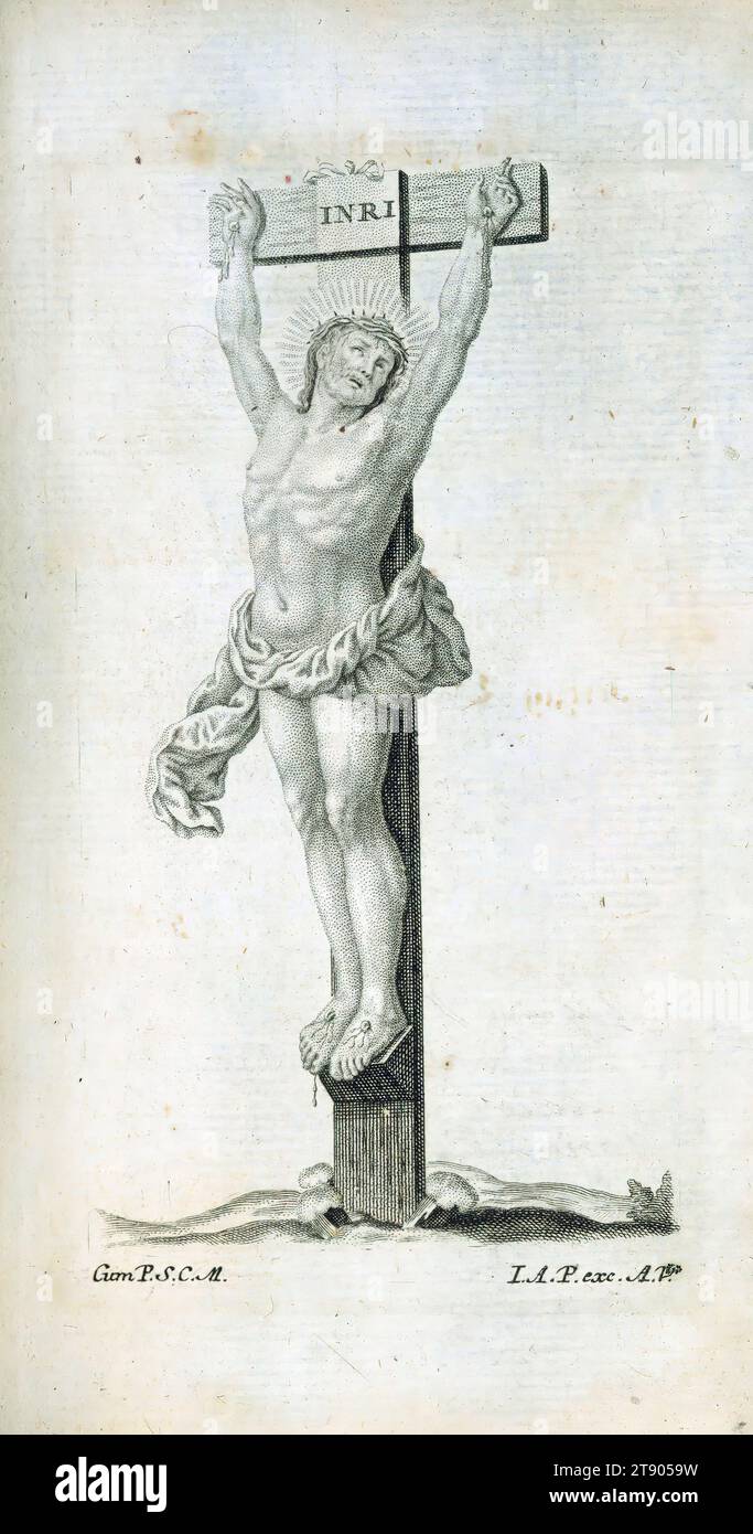 Libro di preghiere, Cristo crocifisso, questo tardo manoscritto assomiglia per molti versi a un libro stampato, con numeri di pagina, intestazioni di capitoli e un ampio sommario. Il libro era destinato alle giovani donne e contiene un'ampia varietà di preghiere, insegnamenti e riflessioni. È illustrata ovunque con incisioni inserite da un certo numero di artisti, evidentemente tagliate da altri libri; la maggior parte porta i nomi degli artisti, e molti hanno numerazioni dalle loro edizioni originali Foto Stock
