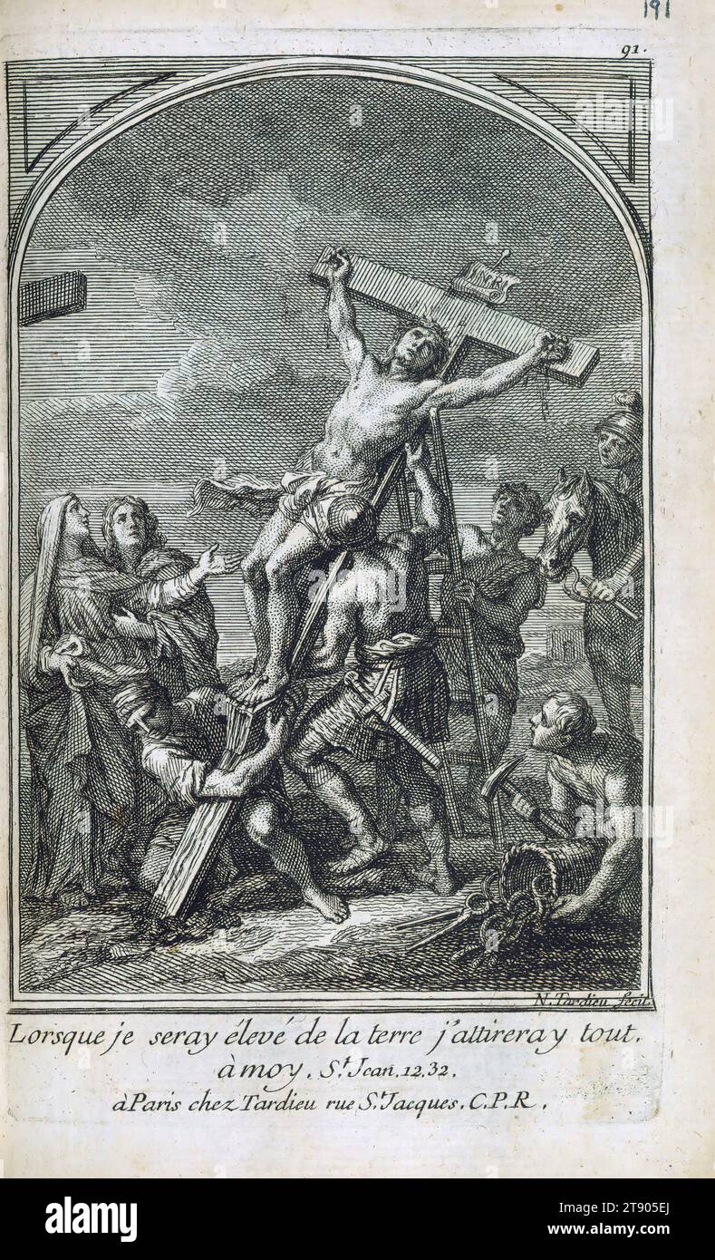 Libro di preghiere, Cristo Crocifisso, questo tardo manoscritto assomiglia per molti versi a un libro stampato, con numeri di pagina, intestazioni di capitoli e un ampio sommario. Il libro era destinato alle giovani donne e contiene un'ampia varietà di preghiere, insegnamenti e riflessioni. È illustrata ovunque con incisioni inserite da un certo numero di artisti, evidentemente tagliate da altri libri; la maggior parte porta i nomi degli artisti, e molti hanno numerazioni dalle loro edizioni originali Foto Stock