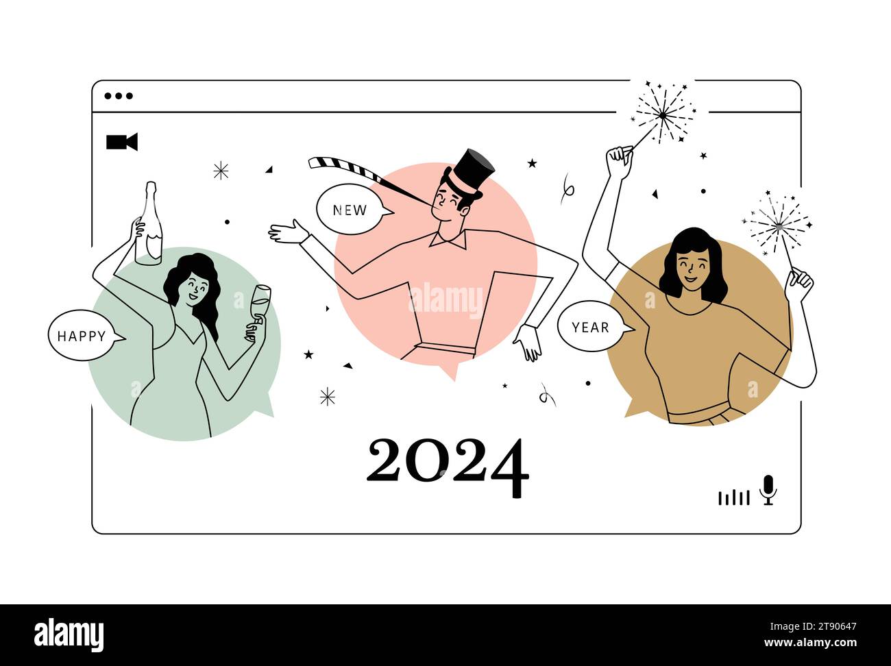 Amici che festeggiano il nuovo anno online, Virtual Party tramite videochiamate Illustrazione Vettoriale