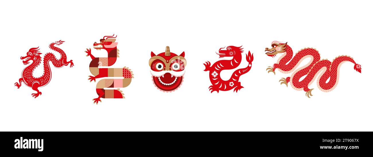 Collezione di illustrazioni di draghi tradizionali cinesi, Lunar, Capodanno cinese 2024 , anno del Drago. Stile geometrico moderno Illustrazione Vettoriale