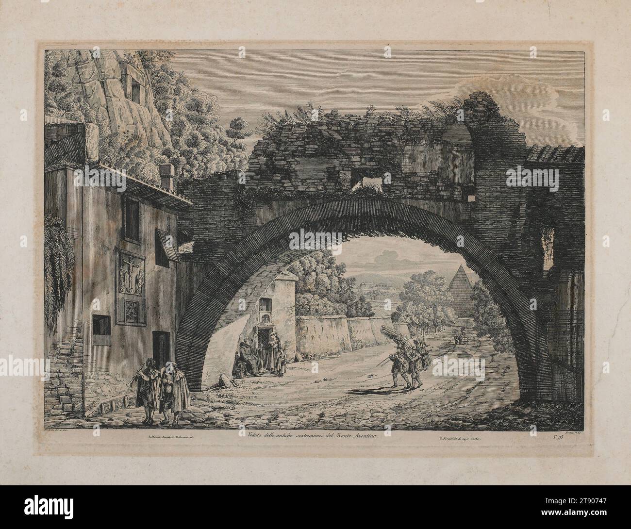 Veduta delle antiche sostrurioni del Monte Aventino, 1823, Luigi Rossini, italiano, 1790 - 1857, 3/8 x 7/8 poll. (36,51 x 50,48 cm) (piastra)18 5/8 x 3/16" (47,31 x 61,44 cm) (foglio), incisione, Italia, XIX secolo Foto Stock