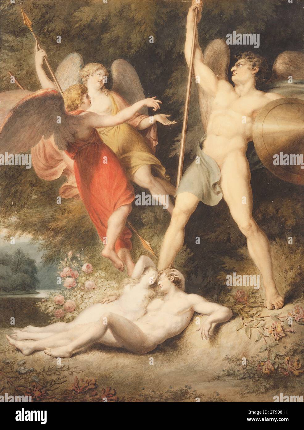 Lucifero in The Bower of Adam and Eve, dal libro IV di Milton 'Paradise Lost', c. 1805, Stephen Francis Rigaud; Editore: Sir William Hamilton ?, British, 1777 - 1861, 21 3/4 x 16 3/4 in. (55,25 x 42,55 cm) (immagine, foglio), Acquerello su grafite su carta, Inghilterra, XIX secolo Foto Stock