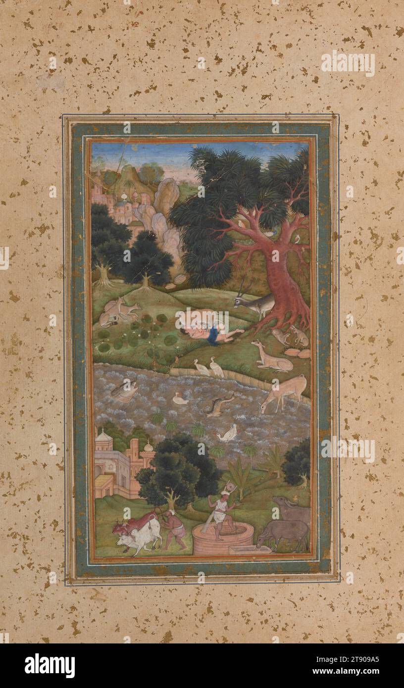 Majnun in the Wilderness, c. 1600, scuola Moghul, India, 9 3/4 x 5 1/2 pollici (24,77 x 13,97 cm) (foglio), acquerello opaco su carta, India, XVI-XVII secolo, questo squisito dipinto fu prodotto durante il regno di Akbar (1542-1605), il terzo imperatore mughal dell'India, che era salito al trono all'età di quattordici anni e sotto la cui direzione l'arte e l'architettura imperiale raggiunsero un'efflorescenza senza precedenti. Il dipinto illustra una scena del romanticismo Layla e Majnun, una delle poesie più popolari del tardo periodo medievale. Il romanzo fu scritto per la prima volta da Nizami Foto Stock