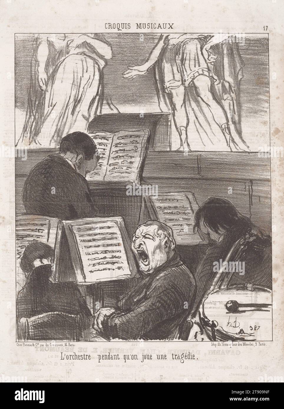 L'orchestra durante una tragedia, 1852, Honoré Daumier, francese, 1808-1879, 10 x 11/16 poll. (25,4 x 22,07 cm) (foglio), litografia, Francia, XIX secolo Foto Stock