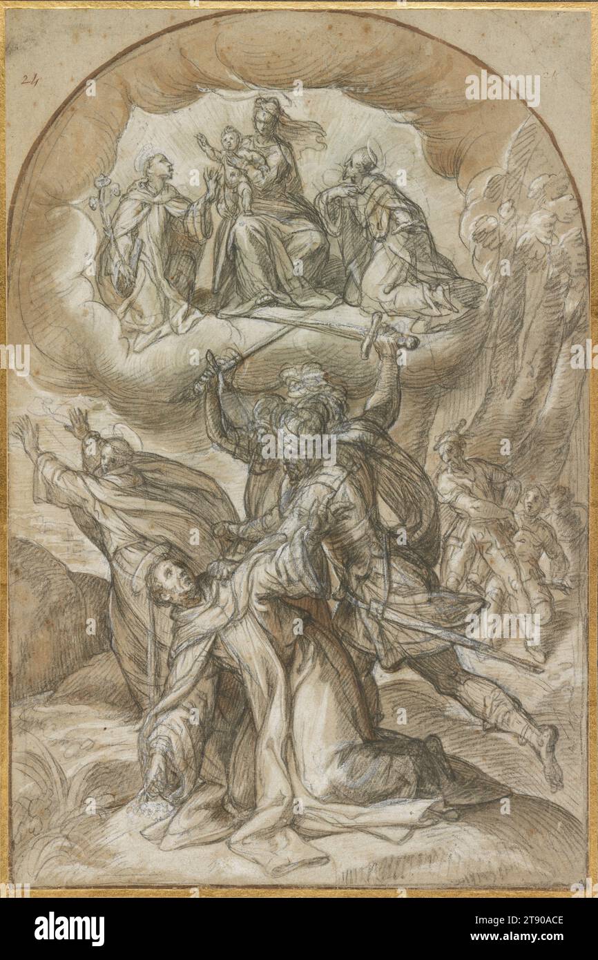 Morte di San Pietro Martire, c. 1585-1600, Denijs Calvaert, italiano, fiammingo (Italia attiva), c. 1540-1619, 7/8 x 1/2 poll. (40,32 x 26,67 cm) (foglio)5/16 x 11/16" (43,97 x 32,23 cm) (mount)23 3/4 x 19 3/4" (60,33 x 50,17 cm) (cornice esterna), gesso nero, pennello e lavaggio marrone, luci bianche con pennello e bianco piombo, su carta blu sbiadita, Italia, XVI secolo, questa vivace composizione richiama chiaramente il famoso capolavoro di Tiziano la morte di San Pietro Martire (1526–30; distrutta da un incendio nel 1867), precedentemente sull'altare maggiore dei Santi Giovanni e Paolo a Venezia. Foto Stock