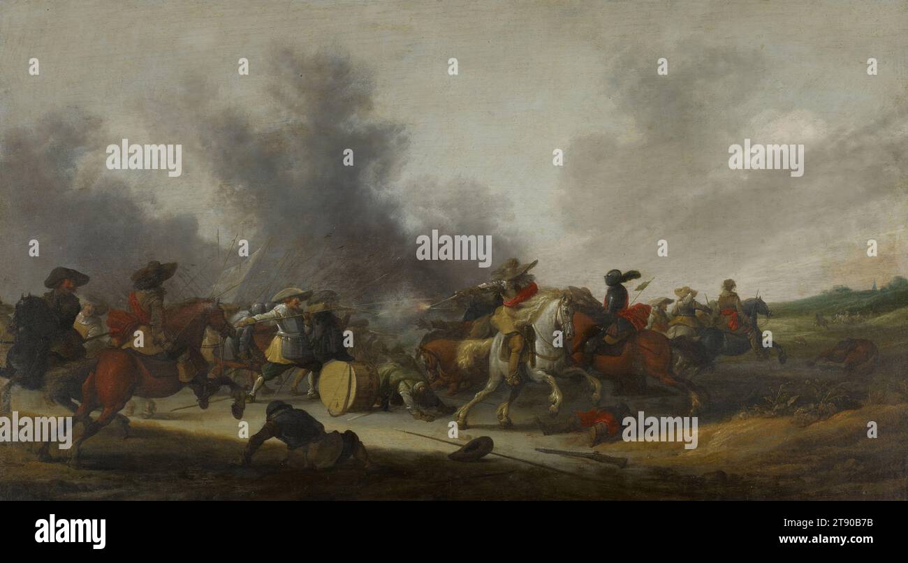 A Battle Scene, 1632, Anthonie Palamedesz, olandese, 1601 - 1673, 1/16 x 31 poll. (43,34 x 78,74 cm) (sight)21 3/4 x 35 5/8 pollici (55,25 x 90,49 cm) (telaio esterno), olio su pannello di legno, Paesi Bassi, XVII secolo, Anthonie Palamedesz., chiamato Palamedes Stevaerts, era un pittore di Delft meglio conosciuto per i suoi dipinti militari e "allegri compagnia". Questa scena di battaglia risale a quello che è considerato il periodo di lavoro più originale di Stevaerts, 1632-34. Nei decenni successivi, favorì i soggetti più statici delle sale di guardia e degli accampamenti Foto Stock