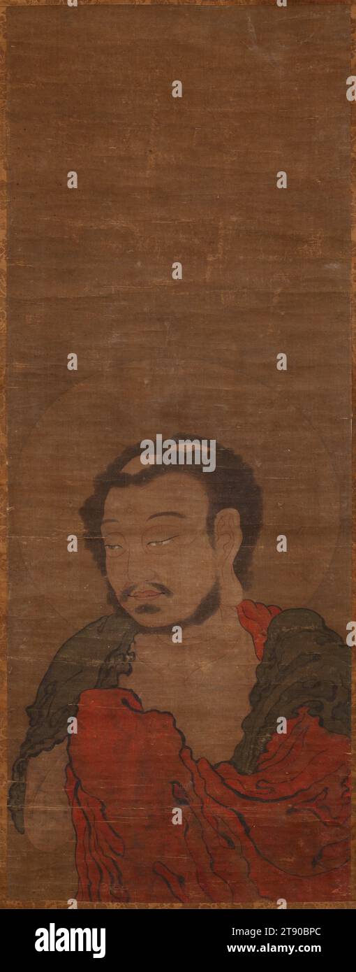 Sakyamuni, uno di una coppia, XIII secolo, attribuito a Yan Hui, cinese, 68 x 21 1/8 pollici. (172,72 x 53,66 cm) (include estremità rullo)37 11/16 x 5/8" (95,73 x 37,15 cm) (foglio), inchiostro e colore su seta, Cina, XIII secolo, pittore professionista, Yan Hui era particolarmente noto per i suoi dipinti di figure di soggetti religiosi. Qui raffigurò Sakyamuni (a sinistra), un principe indiano del 400 a.C., il cui insegnamento costituisce la base del buddismo; e Bodhidharma (a destra), un saggio indiano del 500 d.C., che sosteneva la pratica della meditazione come mezzo per raggiungere l'illuminazione spirituale. Foto Stock