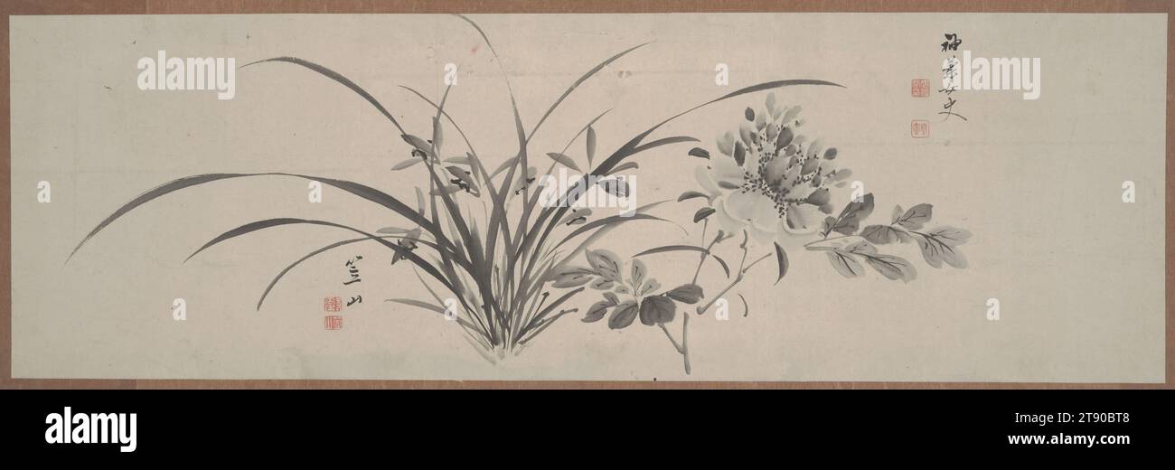 Peony and Orchid, prima metà del XIX secolo, Ōkura Ryūzan; artista: Yoshida Shūran, giapponese, 1797 - 1866, 1/8 x 31 9/16 poll. (25,72 x 80,17 cm) (immagine)12 3/4 x 45 1/16 x 7/8" (32,39 x 114,46 x 2,22 cm) (cornice esterna), inchiostro su carta, Giappone, XIX secolo Foto Stock