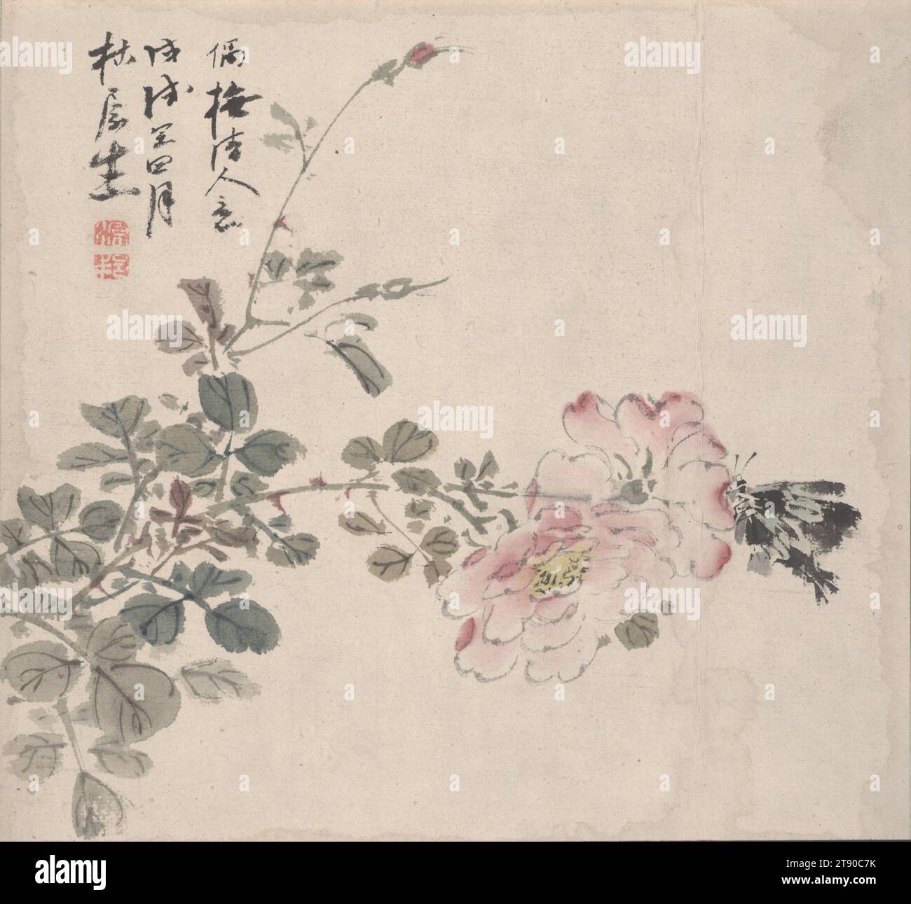 Flowers and Butterfly, 1838, Yamamoto Baioku, giapponese, data di nascita 1822, 3/4 x 1/4 poll. (19,69 x 20,96 cm), inchiostro e colore su carta, Giappone, XIX secolo Foto Stock