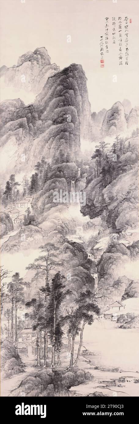 Landscape with Houses in a Ravine, 1853, Yamamoto Baiitsu, Japanese, 1783 - 1856, 68 3/4 x 24 1/8 poll. (174,63 x 61,28 cm) (immagine), rotolo appeso; inchiostro e colore chiaro su carta, Giappone, XIX secolo, Baiitsu, un pittore-studioso di Nagoya, usò un'ampia varietà di pennellate e toni di inchiostro per costruire masse solide e montuose in questo paesaggio monumentale. Le zone nebbiose tra le vette e il folto fogliame creano un'atmosfera lussureggiante e tranquilla Foto Stock