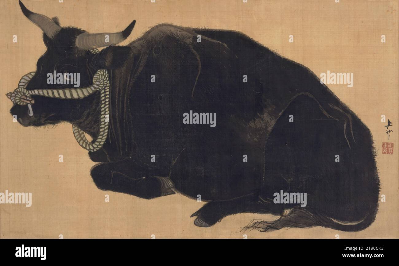 Toro reclinabile, anni '1830, Mihata Jōryū, giapponese, atto. 1830 s, 16 7/8 x 28 5/16 pollici (42,86 x 71,91 cm) (immagine)56 11/16 x 35 7/8" (143,99 x 91,12 cm) (montaggio, senza rullo), inchiostro su seta, Giappone, XIX secolo Foto Stock