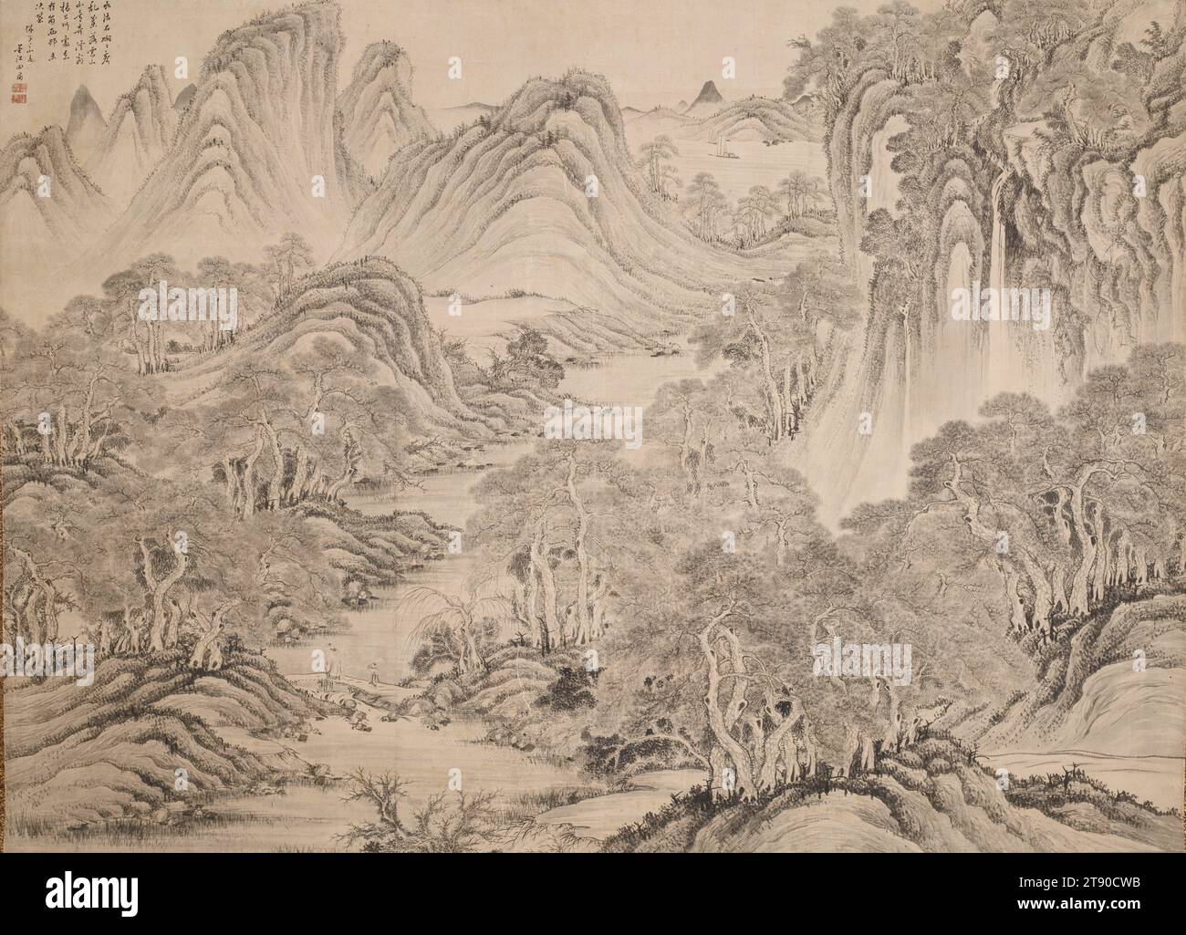 Paesaggio dopo le quattro Wangs, Inverno 1840, Okada Hankō, Giapponese, 1782 - 1846, 51 1/8 x 70 1/2 poll. (129,86 x 179,07 cm) (immagine)80 1/4 x 72" (203,84 x 182,88 cm) (Mount), Ink on paper, Japan, XIX secolo, l'opera monumentale di Okada Hankō è un tour de force nello spirito delle quattro Wangs, un circolo di pittori cinesi conservatori che hanno creato interpretazioni stilizzate di opere classiche. Questo dipinto segue i principi ortodossi di composizione - il primo piano, il terreno di mezzo e lo sfondo sono distinti ma ben integrati - mantenendo l'ordine in questo ambiente altrimenti fantastico e complesso Foto Stock
