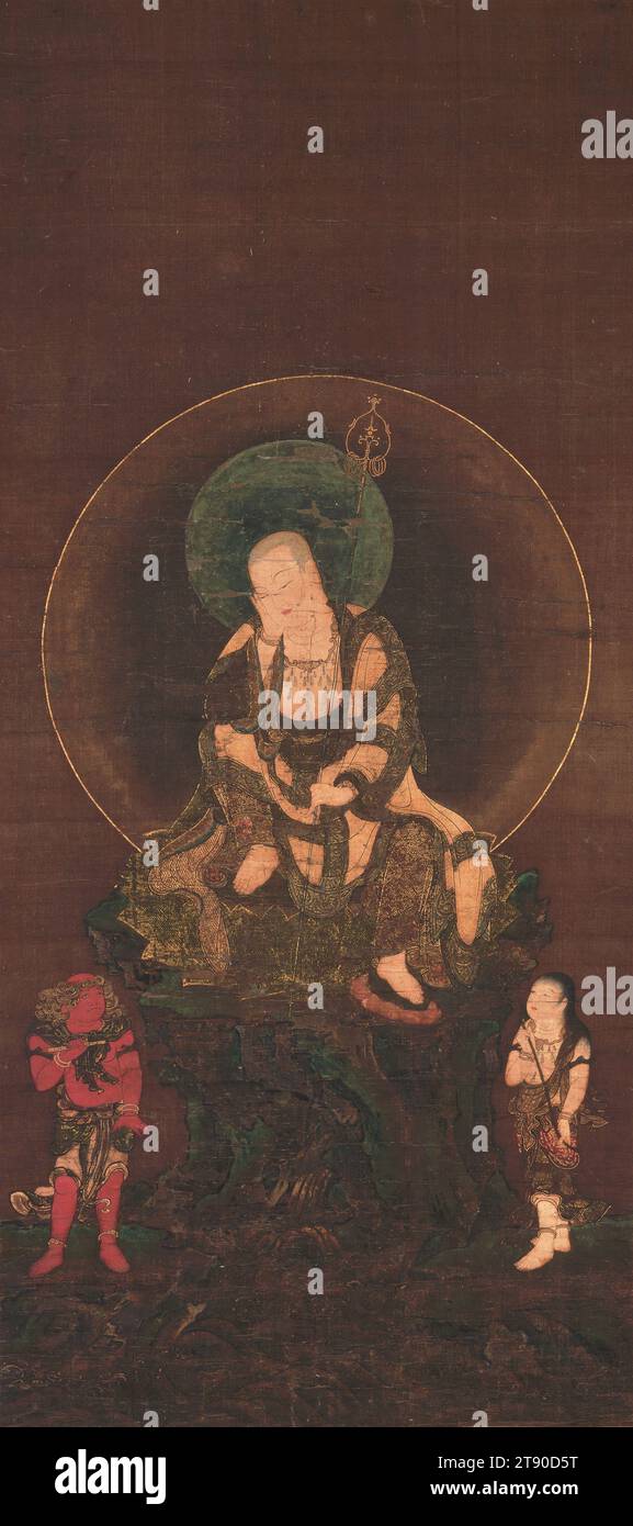 Jizō Bodhisattva (Enmei Jizō Bosatsu), inizio XIV secolo, sconosciuto giapponese, 41 x 18 3/8 pollici. (104,14 x 46,67 cm) (immagine)72 7/8 x 25 3/4" (185,1 x 65,41 cm) (supporto), inchiostro, colore, vernice d'oro e foglia d'oro su seta, XIV secolo, questo dipinto ritrae Jizō che prolunga la vita, una delle molte forme del bodhisattva Jizō a cui i credenti pregherebbero per una lunga vita. Mostrato perso nel pensiero, seduto in una posa rilassata su una roccia in mezzo a un mare vorticoso, Jizō è frequentato da due giovani ragazzi sotto: La figura rossa a sinistra è Shōaku, l'Amministratore del male, e la figura bianca Foto Stock