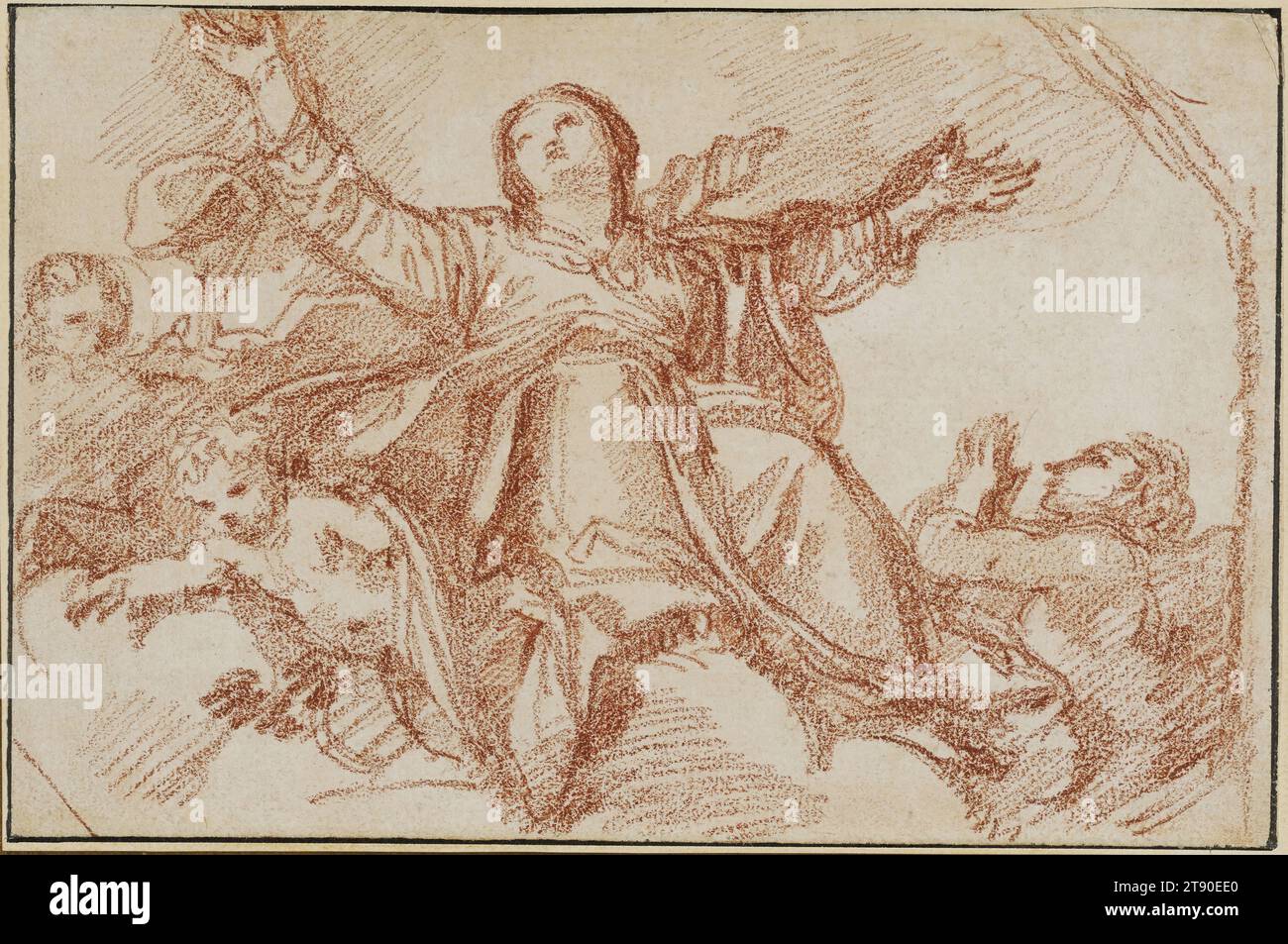Assunzione della Vergine, 1759-1770, Jean-Robert Ango; artista: Dopo Domenichino Zampieri; artista: Precedentemente attribuito a Jean-Honoré Fragonard, francese, 1732-1806, 5 1/2 x 8 1/2 in. (13,97 x 21,59 cm) (foglio)13 1/4 x 16 x 1" (33,66 x 40,64 x 2,54 cm) (cornice esterna), gesso rosso, Francia, XVIII secolo, l'artista francese Robert Ango visse a Roma nei primi anni '1760 e produsse innumerevoli disegni di gesso rosso copiando dipinti barocchi italiani del secolo precedente. La fonte di questo studio è Domenichino dipinto dell'assunzione dalla Vergine (1616-17) nella chiesa di Santa Maria a Roma Foto Stock
