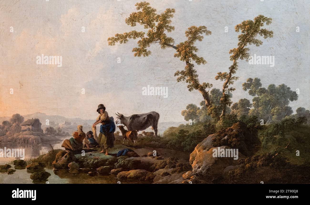 "Landscape with Washerwomen" di Jean Pillement (1728-1808). Olio su tela. Dipinto a Pézenas, Francia nel 1794/1795. Foto Stock