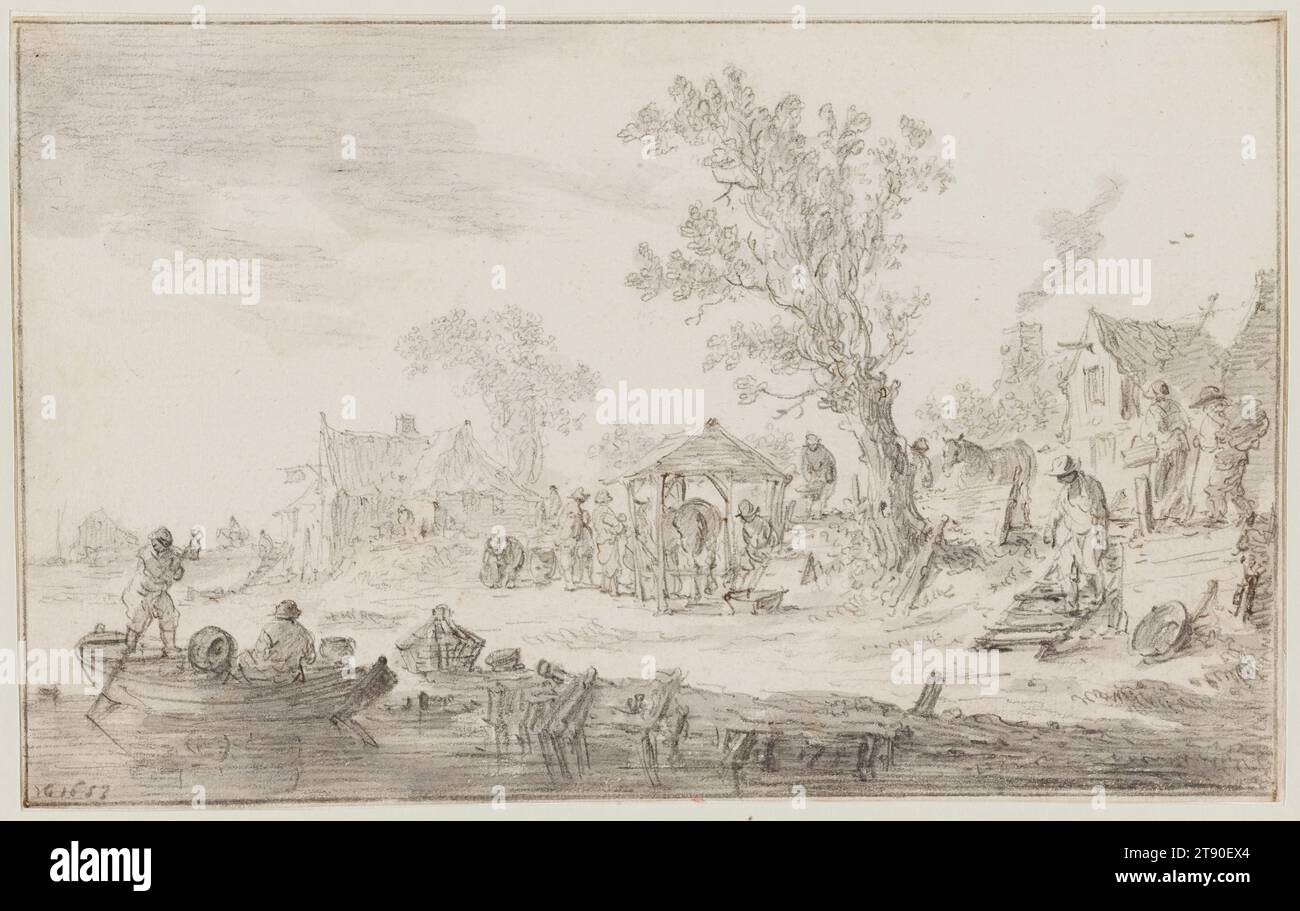 Paesaggio fluviale con fabbro al lavoro fuori da un villaggio, 1653, Jan van Goyen, olandese, 1596-1656, 6 7/8 x 7/8 poll. (17,46 x 27,62 cm) (foglio)10 3/4 x 1/4" (27,31 x 38,74 cm) (supporto), gesso nero, lavaggio grigio e tracce di penna e inchiostro marrone, Paesi Bassi, XVII secolo, da giovane, Jan van Goyen riempì numerosi quaderni di studi sul gesso nero realizzati all'aperto nella campagna olandese. Una pratica così estesa gli ha dato una straordinaria fluidità come disegnatore. Era anche un astuto osservatore della vita di tutti i giorni, e qui dà vita alla variegata attività di una piccola ma vivace comunità: Il commercio Foto Stock