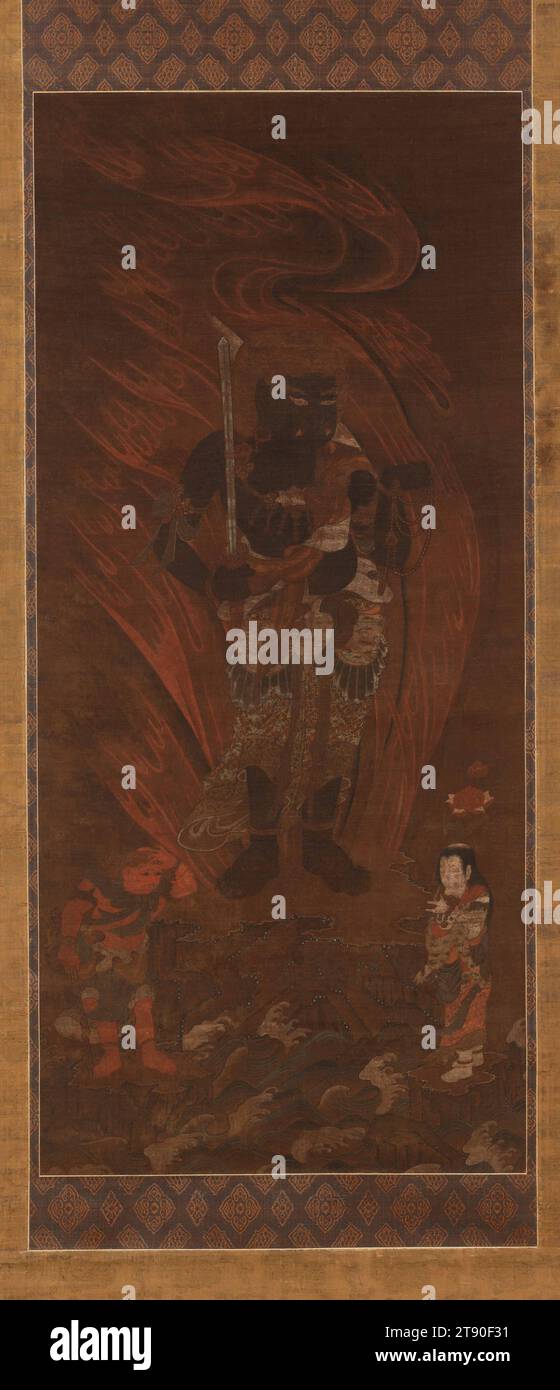 The Immovable Wisdom King (Fudō Myōō) with Two Attendants, XIV secolo, Unknown Japanese, 42 x 18 7/8 in. (106,68 x 47,94 cm) (immagine)73 x 24 7/8" (185,42 x 63,18 cm) (montaggio, senza rullo), inchiostro, colore e oro su seta, Giappone, XIV secolo Foto Stock