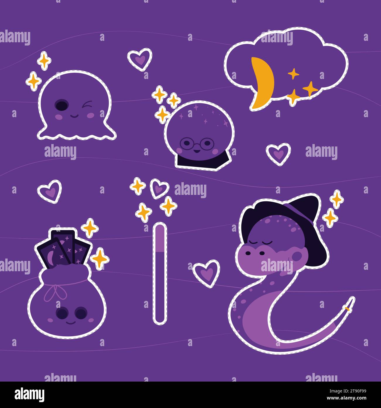 Set di adesivi di simpatici personaggi magici in colorazioni viola mistiche e alla moda. Elementi di progettazione vettoriale con linea tratteggiata e traccia bianca. Simpatico serpente, con cappello da strega, fantasma, sacchetto per carte di tarocchi e sfera di cristallo. EPS Illustrazione Vettoriale