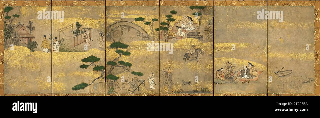 Sumiyoshi Shrine and Osaka Bay, c. 1660, sconosciuto giapponese, 18 5/8 x 65 3/8 poll. (47,31 x 166,05 cm) (immagine)22 3/8 x 69 3/8 x 1/2" (56,83 x 176,21 x 1,27 cm) (cornice esterna), inchiostro e colore chiaro su carta, Giappone, XVII secolo Foto Stock