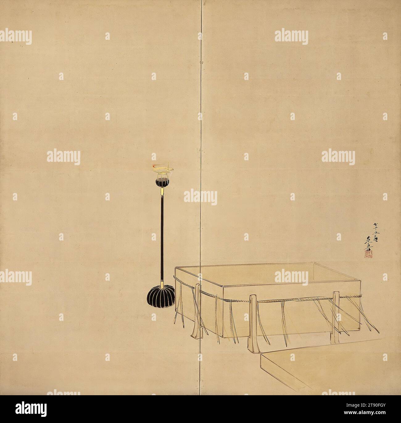 Ibaraki a sinistra di un paio, 1882, Shibata Zeshin, giapponese, 1807 - 1891, 65 3/4 x 66 1/2 poll. (167,01 x 168,91 cm) (immagine)67 x 68 x 3/4" (170,18 x 172,72 x 1,91 cm), inchiostro, colore e oro su carta, Giappone, XIX secolo, Ibaraki-dōji era un demone che divenne un seguace di Shuten-dōji, il capo di una banda di demoni che terrorizzavano Kyoto nel X secolo. Ibaraki riuscì a fuggire quando gli altri demoni furono distrutti e andò alla porta di Rashōmon. Lì incontrò il guerriero Watanabe no Tsuna che gli tagliò una delle braccia. Apparendo come una donna anziana, a Ibaraki viene concesso l'accesso per vedere il braccio Foto Stock
