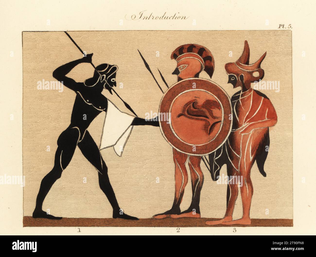 Antica armatura greca. Guerrieri greci in caschi con scudi e lance da un vaso. Incisione colorata a mano di Joseph Strutt dalla sua visione completa dell'abito e delle abitudini del popolo d'Inghilterra, Henry Bohn, Londra, 1842. Foto Stock