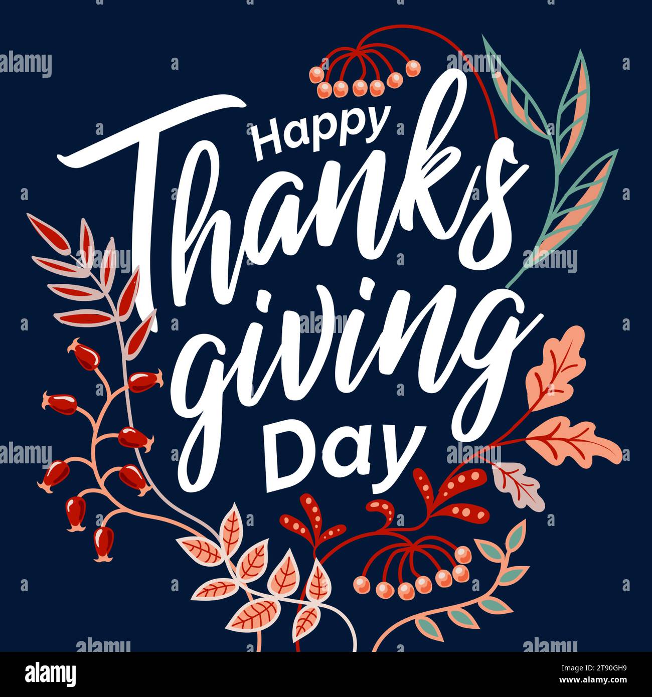 Tipografia Happy Thanksgiving disegnata a mano in una corona autunnale con bacche e foglie per cartolina, icona o distintivo. Lettere calligrafiche vettoriali Illustrazione Vettoriale