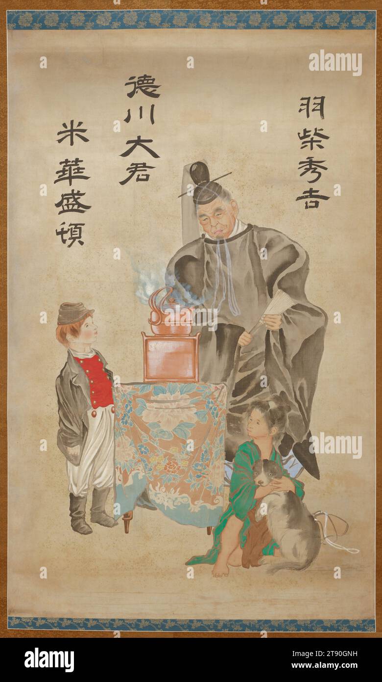 Great Generals of the East and West, c. 1874, Tsukioka Yoshitoshi, Japanese, 1839 - 1892, 63 3/4 x 39 13/16 poll. (161,93 x 101,12 cm) (immagine)79 1/8 x 45 3/8" (200,98 x 115,25 cm) (senza rullo), inchiostro e colore su seta, Giappone, XIX secolo, uno dei più grandi dipinti di Yoshitoshi, questo è anche uno dei più misteriosi. Le sei persone da destra a sinistra sono il signore della guerra e unificatore del Giappone Toyotomi Hideyoshi (1537-1598), da bambino con cane; il primo shogun del periodo Edo (1603-1868), Tokugawa Ieyasu (1543-1616); il primo presidente degli Stati Uniti, George Washington Foto Stock