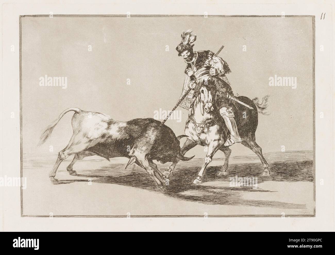 El Cid Campeador lanceado otro toro (El Cid Campeador Spearing Another Bull), 1816, Francisco José de Goya y Lucientes, spagnolo, 1746–1828, 8 7/16 x 12 5/16 in. (21,43 x 31,27 cm) (immagine)9 13/16 x 13/16" (24,92 x 35,08 cm) (piastra)11 3/8 x 16 1/4" (28,89 x 41,28 cm) (foglio), acquatinta brunita, punto secco e burin, Spagna, nel XIX secolo, nella serie di 33 stampe "Tauromaquia", Goya ripercorre la storia della corrida in Spagna, dagli uomini che cacciano in campi aperti allo spettacolo moderno e ritualizzato che divenne nel XVIII secolo. Inventa parte della storia dello sport Foto Stock