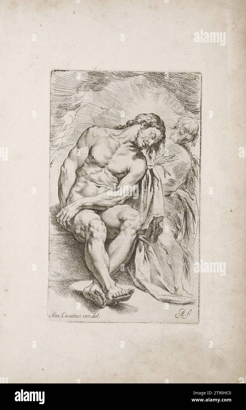 Dead Christ, 1671, Jan de Bisschop; artista: After Annibale Carracci, italiano (Bologna), italiano (Bologna), 1560-1609, 14 5/16 x 9 1/16 in. (36,35 x 23,02 cm) (foglio)8 13/16 x 5/16" (22,38 x 13,49 cm) (placca), Etching, Paesi Bassi, XVII secolo, questa incisione del Cristo morto sostenuta da un angelo fu eseguita dall'avvocato olandese e artista dilettante Jan de Bisschop dopo un disegno attribuito al grande pittore bolognese Annibale Carracci, che si trova ora nell'Albertina, Vienna. La stampa faceva parte di un influente manuale di disegno de Bisschop produsse la Paradigmata Graphices Variorum Foto Stock