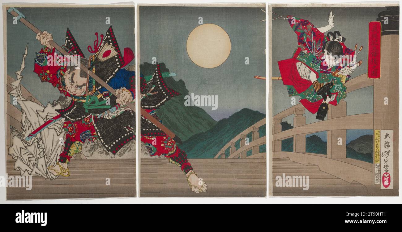 Foto del ponte di Gojō dalla Cronaca di Yoshitsune, 1881, Tsukioka Yoshitoshi; Editore: Morimoto Junzaburō, giapponese, 1839 - 1892, 14 1/4 x 9 1/2 poll. (36,2 x 24,13 cm) (foglio, ciascuno, circa, verticale ōban trittico), stampa in legno (nishiki-e); inchiostro e colore su carta, Giappone, XIX secolo, è estremamente raro che i disegni preparatori per le stampe in legno sopravvivano, poiché le versioni finali erano incollate sui blocchi chiave per guidare l'intaglio delle linee nere e venivano quindi di solito distrutte durante il processo di produzione. Tali disegni erano più dettagliati ed esatti Foto Stock