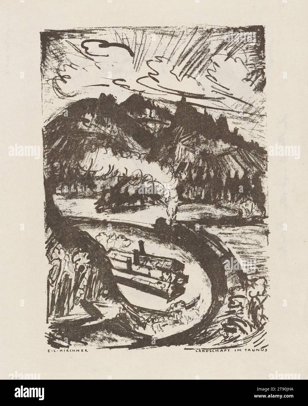 Paesaggio nel Taunus (Landschaft im Taunus) (recto) e segni dei tempi V: In polvere con tutti i nemici (symbole der Zeit V: In Staub mit allen Feinden) (verso), pagina da 'Der Bildermann', folio 13, vol. 1, no. 6, giugno 1916, Ernst Ludwig Kirchner (recto); artista: Max Slevogt (verso); Editore: Galerie Paul Cassirer; Stampatore: M.W. Lassaly, tedesco, 1880–1938, 13 1/2 x 11 in. (34,29 x 27,94 cm) (foglio), litografie, Germania, XX secolo, nel 1916, l'editore Paul Cassirer avviò un nuovo periodico, "Der Bildermann" The Picture Man, "per portare un vasto pubblico direttamente in contatto con l'arte". Foto Stock