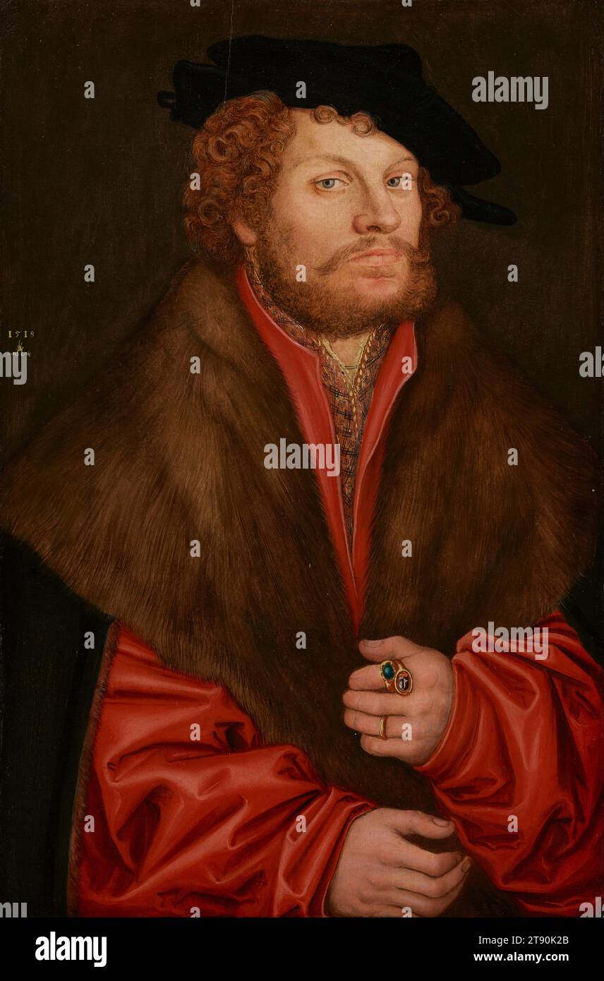 Ritratto di Moritz Buchner, c. 1520, Lucas Cranach il Vecchio, tedesco, (Sassonia), 1472 - 1553, 16 x 10 3/4 x 3/16 pollici (40,6 x 27,3 x 0,5 cm), olio su pannello, Germania, XVI secolo, questi ritratti di accompagnamento sono stati identificati come Moritz Büchner e sua moglie, Anna Lindacker Büchner. Moritz fu un mercante di successo e consigliere comunale, parte della nuova classe media benestante che emerse con la crescita del capitalismo in Germania negli anni '1500 Lucas Cranach, l'artista di corte di Federico III di Sassonia, fu incaricato dal Büchners di dipingere le loro sembianze per i posteri. Foto Stock