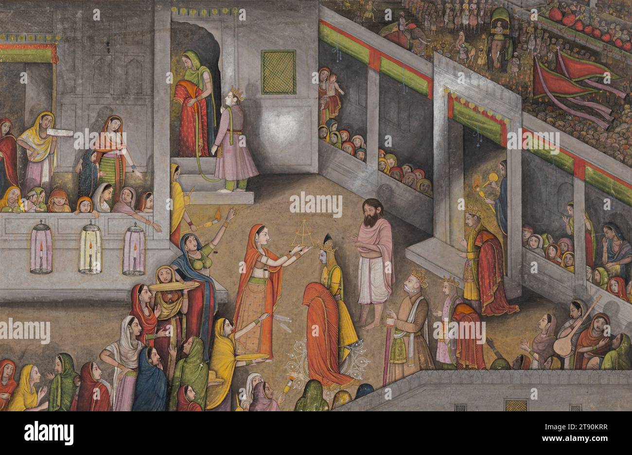 L'arrivo delle spose al Palazzo di Ayodhya: Pagina da una serie dispersa di Ramayana, 1775-1780, la prima generazione dopo Manaku e Nainsukh, 7 15/16 x 12 1/4 pollici. (20,2 x 31,1 cm) (immagine)9 1/16 x 3/16" (23 x 33,5 cm) (folio), pigmenti opachi e oro su carta, India, XVIII secolo, questa luminosa scena notturna cattura i versetti finali del primo libro (Balakanda, o Libro dell'infanzia) dell'epica indù, il Ramayana. Il fulcro di questa composizione incredibilmente complessa è la regina principale, Kaushalya, che accoglie Sita, la giovane sposa di Rama ed eroina ideale Foto Stock