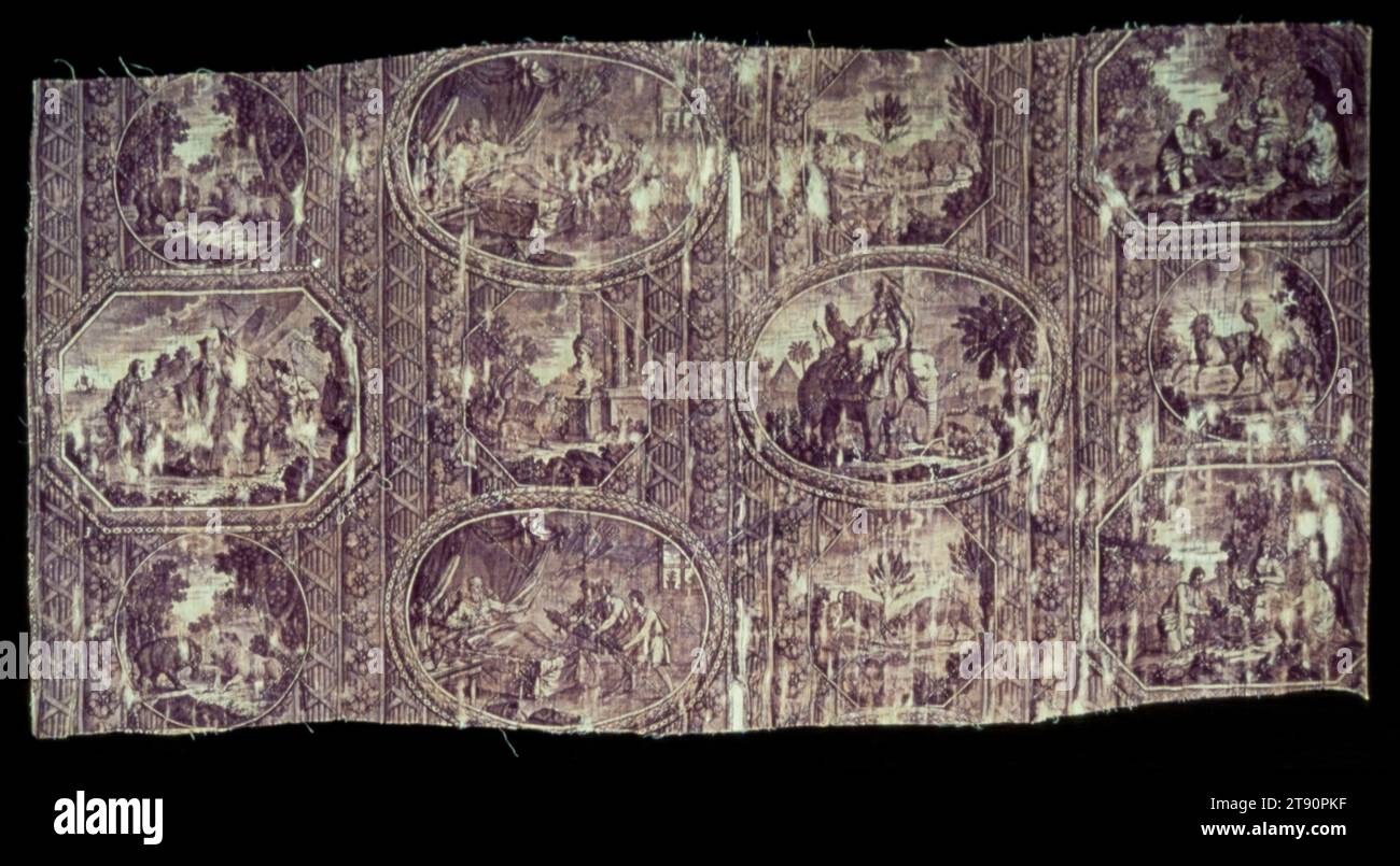 Le Favole di la Fontaine, XIX secolo, 14 x 30 1/8 pollici (35,56 x 76,51 cm), cotone; stampa Copperplate, Francia, XIX secolo Foto Stock