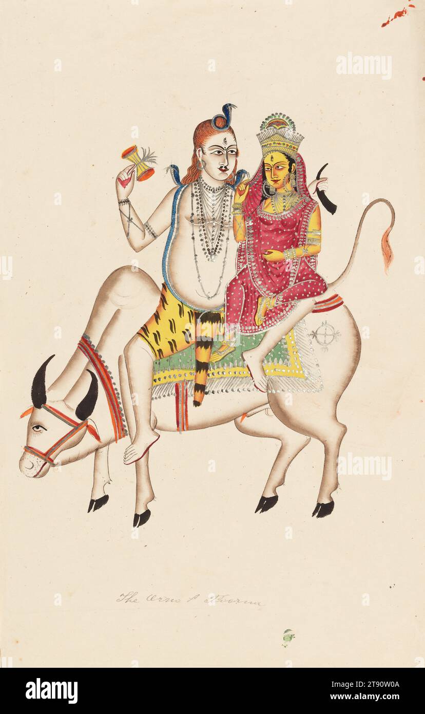 Shiva e Parvati seduti a Nandi, XIX secolo, 17 5/8 x 11 1/4 pollici (44,8 x 28,6 cm), Acquerello su carta, India, XIX secolo Foto Stock
