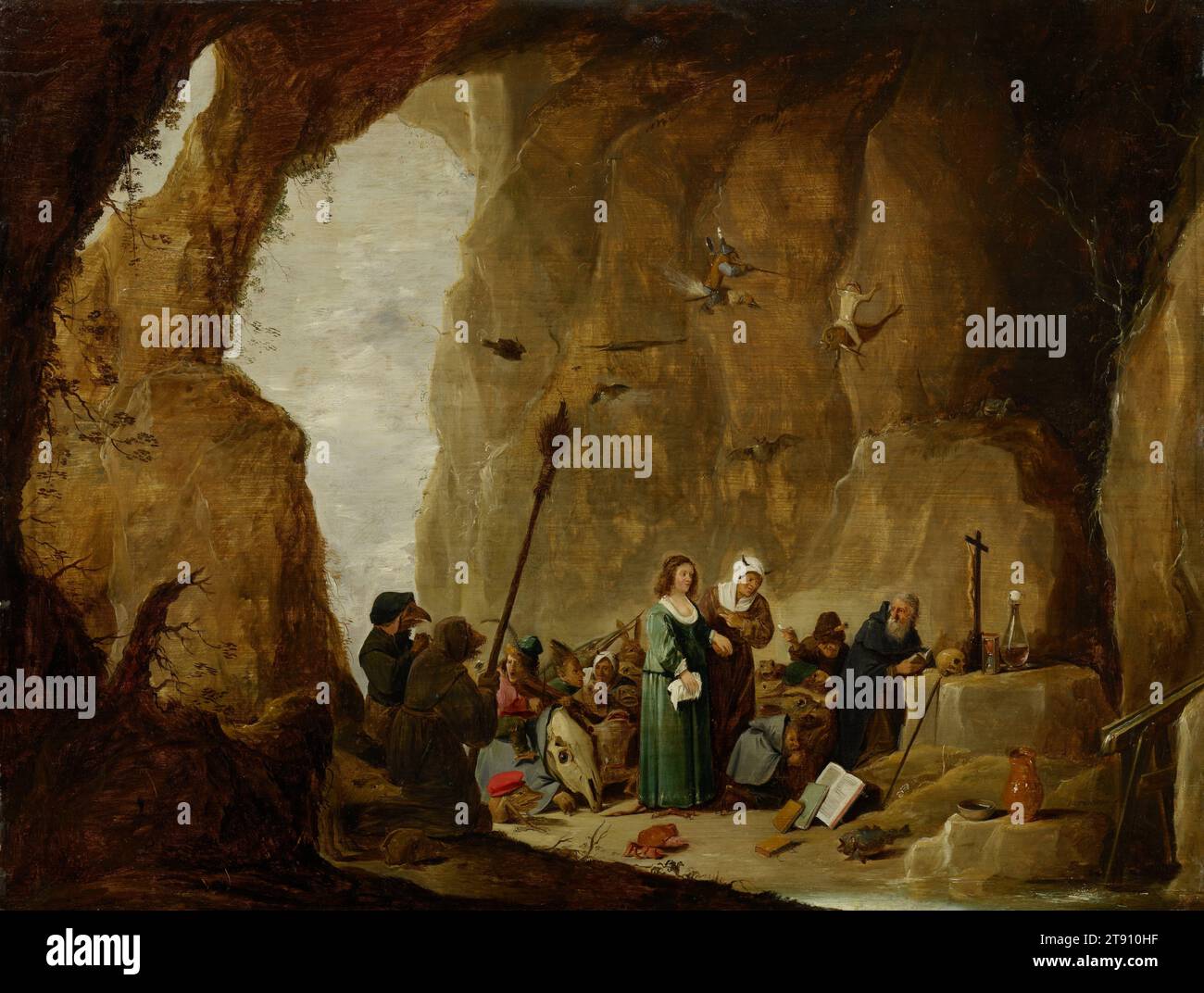 La tentazione di S.. Anthony, XVII secolo, David Teniers, il giovane, fiammingo, 1610–1694/96, 19 1/8 x 25 1/8 pollici (48,58 x 63,82 cm) (pannello)27 1/2 x 33 1/2 x 2" (69,85 x 85,09 x 5,08 cm) (incorniciato), olio su pannello, Paesi Bassi, XVII secolo, Sant'Antonio fu un eremita negli anni '300, raramente emergendo dalla grotta dove viveva nel deserto egiziano. Ma anche lì, secondo la leggenda, la sua fede in Dio fu combattuta dal diavolo. Il diavolo mandò dei demoni a picchiarlo e seducendo le donne per distrarlo dalle sue preghiere. Sant'Antonio non ha mai vacillato Foto Stock
