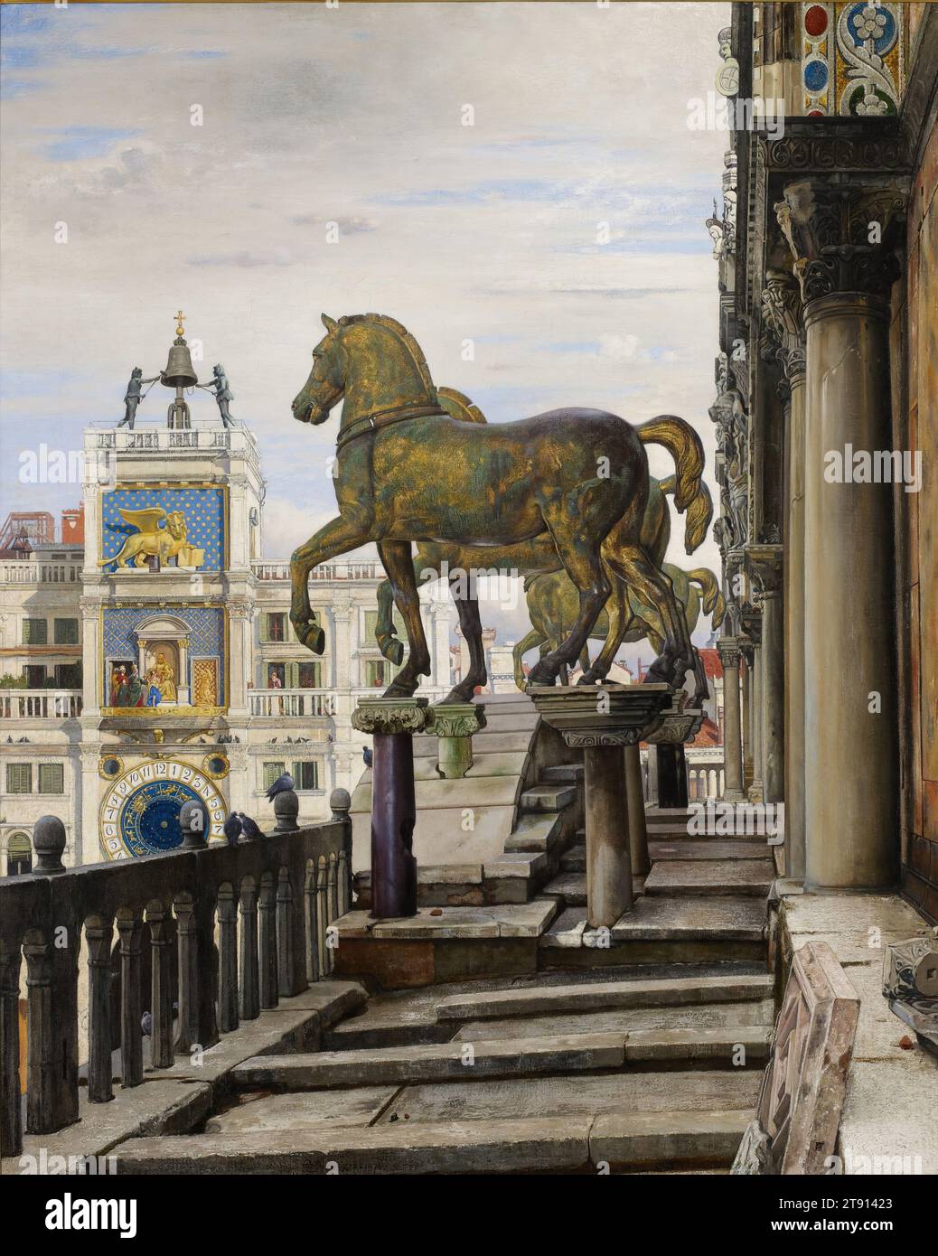 I cavalli di bronzo di San Marco, Venezia, 1876, Charles Caryl Coleman, americano, 1840 - 1928, 40 1/4 x 32 1/2 poll. (102,2 x 82,6 cm) (tela)57 1/2 x 50 x 1/2" (146,1 x 127 x 16,5 cm) (cornice esterna), olio su tela, Stati Uniti, XIX secolo, americano di nascita, Charles Caryl Coleman si stabilì permanentemente in Italia nel 1866, fondando il suo studio in via Margutta a Roma. Viaggiò spesso a Venezia durante l'estate dove studiò le opere dei vecchi maestri Foto Stock