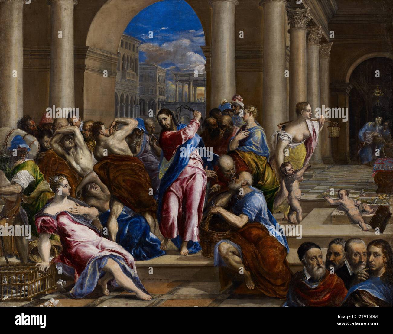 Cristo che guida i cambiavalute dal Tempio, c. 1570-75, El Greco (Domenikos Theotokopoulos), greco, 1541–1614, 46 x 59 pollici. (116,84 x 149,86 cm) (tela)45 1/2 x 58" (115,57 x 147,32 cm) (vista)60 x 72 1/2 x 3 pollici (152,4 x 184,15 x 7,62 cm) (cornice esterna), olio su tela, Spagna, XVI secolo, l'espulsione di Cristo dei cambiavalute che profanavano il tempio di Gerusalemme fu un tema popolare in Italia in questo periodo. Per i cattolici, l'immagine simboleggiava la purificazione della Chiesa attraverso la riforma interna e l'espulsione degli eretici protestanti. El Greco raffigura un turbinio caotico Foto Stock