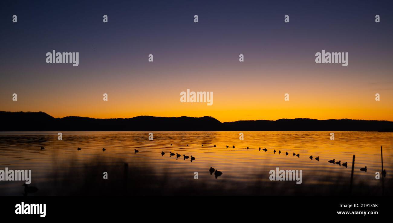 Le linee di esche si snodano in un tranquillo canale posteriore del fiume Mississippi sotto una vivace alba sopra l'Upper Mississippi Wildlife Refuge. Foto Stock