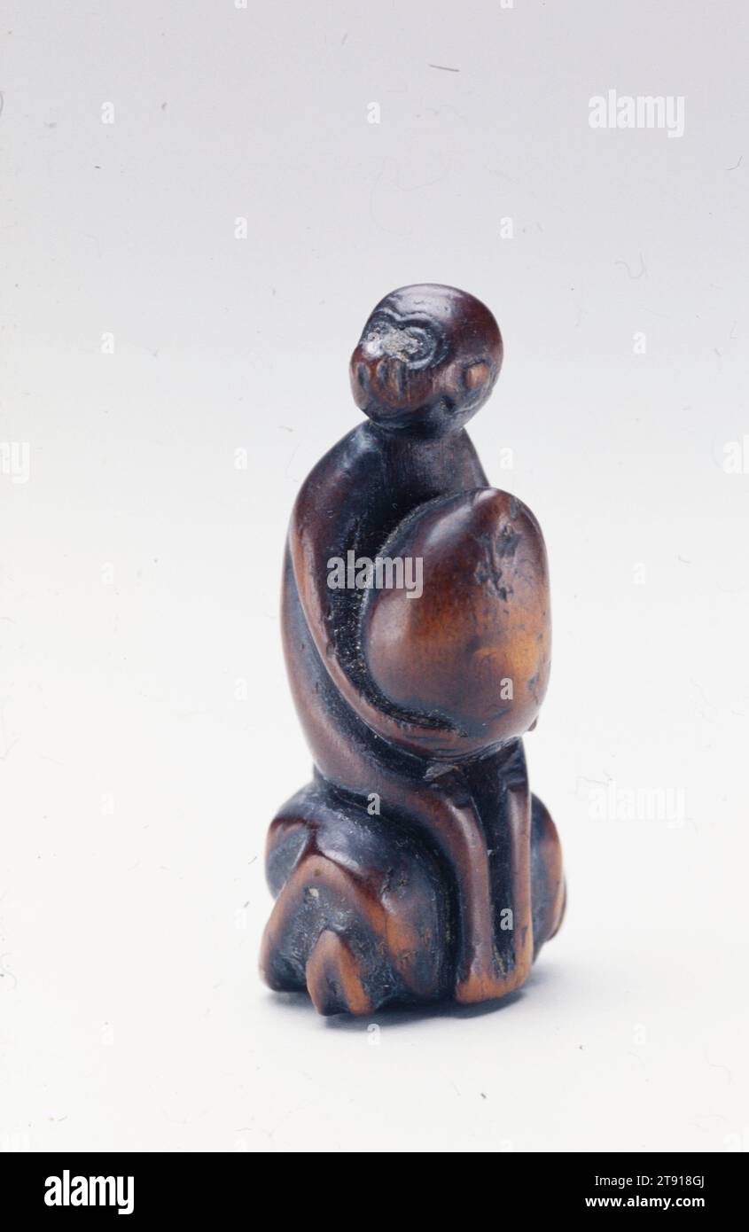 Scimmia Netsuke con pesca, XIX secolo, giapponese sconosciuto, 2 1/16 x 15/16 x 1 1/16" (5,2 x 2,4 x 2,7 cm), legno, Giappone, XIX secolo Foto Stock