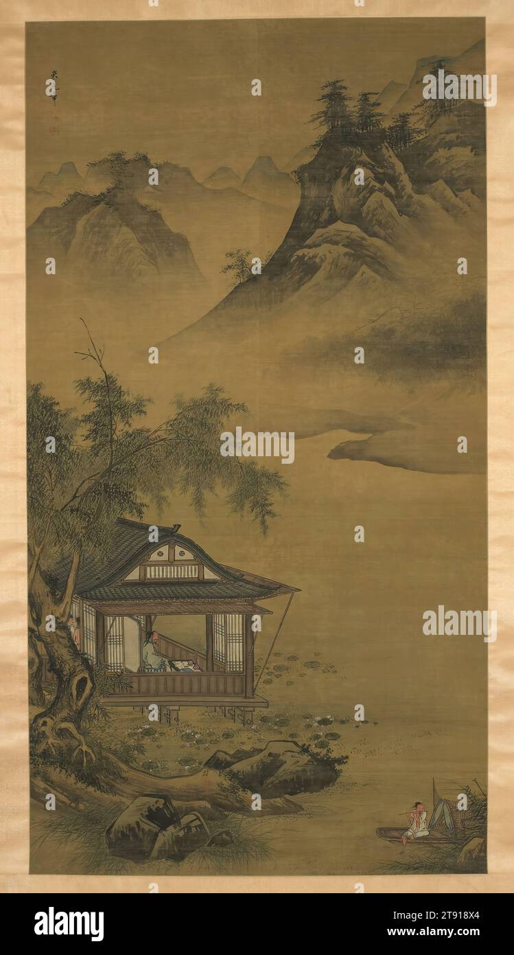 Zhou Dunyi Gazing Out Over Lotus, c. 1500, Liu Jun, attivo c. 1475 – c. 1505, 98 11/16 x 48 3/8 pollici. (250,67 x 122,87 cm) (immagine), inchiostro e colore su carta, Cina, XV-XVI secolo, dipinti di Liu Jun, un pittore di corte e uno specialista figurale, sono noti per la loro capacità di creare affascinanti narrazioni visive spesso intrise di complessi significati simbolici. Questa grande scena lungo il fiume è un paesaggio raro di questo artista, ma il vero soggetto del dipinto è il famoso filosofo Song Zhou Dunyi (1017-1073). Liu lo ritrae fissando la finestra aperta del suo rifugio sul mare Foto Stock