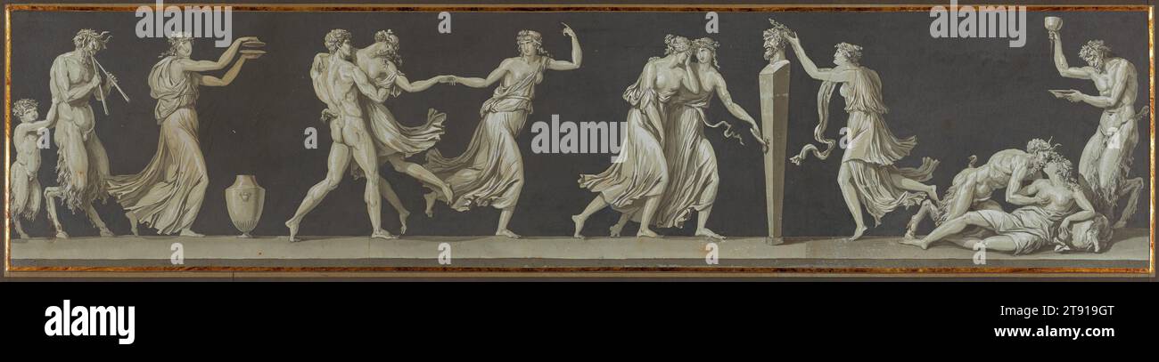 Dionysian Frieze, c. 1787-1790, Jean-Guillaume Moitte, francese, 1746-1810, 3/8 x 32 1/4 poll. (18,73 x 81,92 cm) (foglio)16 7/8 x 41 1/2 x 7/8 pollici (42,86 x 105,41 x 4,76 cm) (cornice esterna), grafite, penna e pennello con inchiostro nero, lavaggio verde e grigio e guazzo bianco, su due fogli Uniti, Francia, XVIII secolo, lo scultore francese Jean-Guillaume Moitte ha trascorso due anni a Roma, e questo lungo disegno a rilievo riflette il suo studio dell'antica arte romana. Sia per formato che per soggetto ricorda un famoso dipinto murale romano, il matrimonio Aldobrandini, risalente all'epoca dell'imperatore Augusto Foto Stock