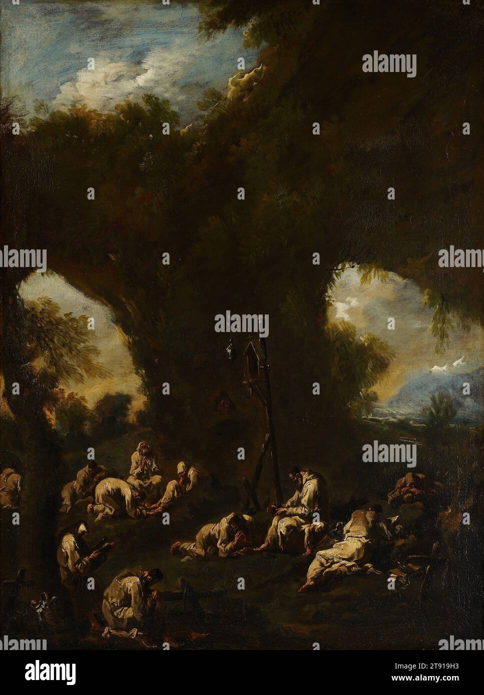 Monks praying in a Grotto, c. 1705–06, Alessandro Magnasco; artista: Antonio Francesco Peruzzini, italiano (Genova), italiano (Genova), 1667 - 1749, 38 x 27 1/2 pollici. (96,52 x 69,85 cm) (tela)48 1/2 x 39 x 3/4 pollici (123,19 x 99,06 x 6,99 cm) (cornice esterna), olio su tela, Italia, XVIII secolo, i dipinti di Alessandro Magnasco presentano mondi misteriosi: Paesaggi scuri e lunatici in luce tremolante, popolati da figure selvagge ed espressive. I monaci erano un soggetto favorito. Qui sono sparse per una grotta boschiva che prega, in apparente angoscia. Foto Stock