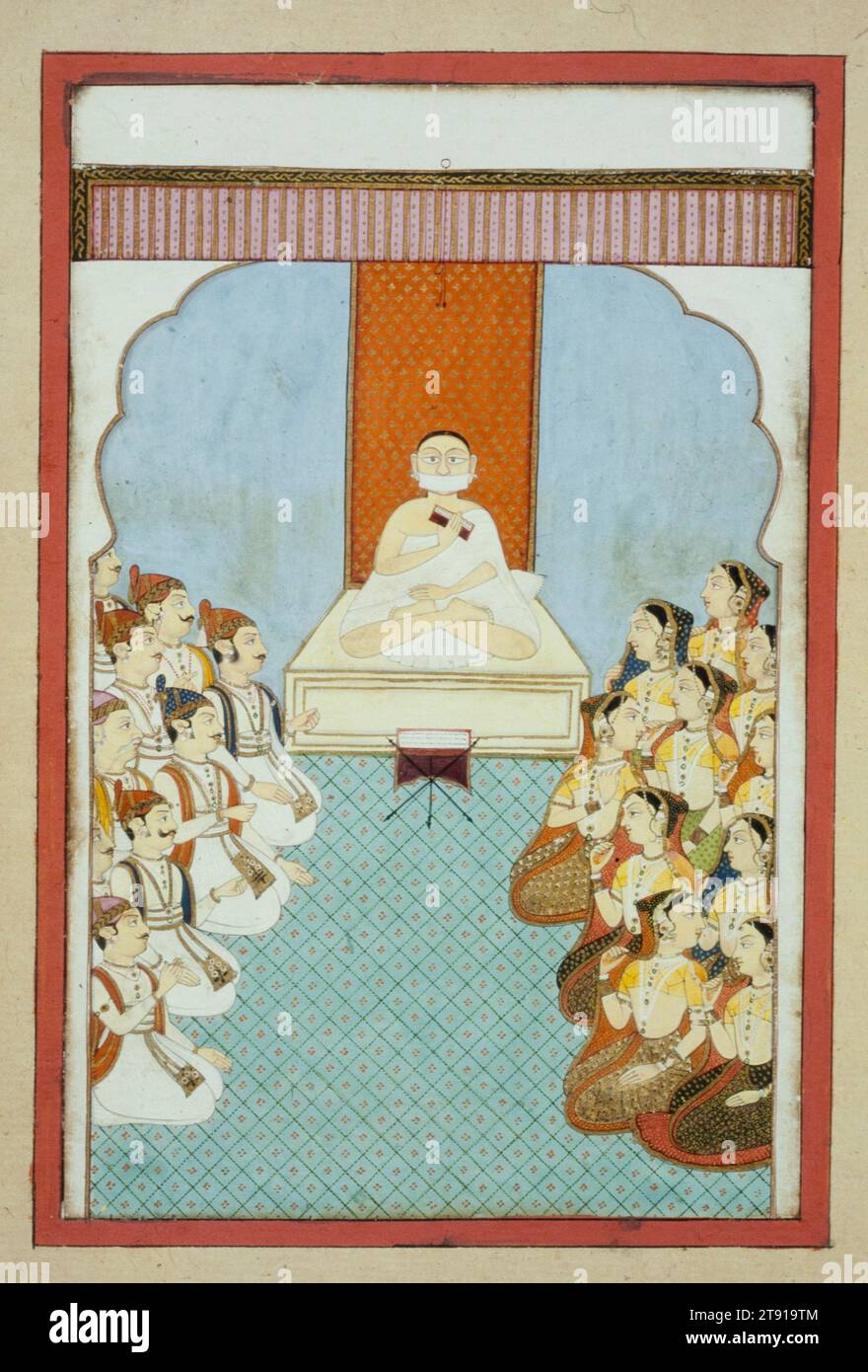 Un guru Jain regala un sermone, c. 1810, 8 1/8 x 5 3/8 poll. (20,64 x 13,65 cm) (immagine)10 3/4 x 8 pollici (27,31 x 20,32 cm) (foglio), acquerello opaco e oro su carta, India, XIX secolo, Un guru giainiano seduto in una postura meditativa su un podio regala un sermone a un'assemblea di devoti, che sono separati per genere. Il guru indossa abiti bianchi, che lo identificano come appartenente alla setta Svetambara (abito bianco). Indossa un velo protettivo sulla bocca, una misura preventiva contro l'inalazione accidentale di insetti e l'uccisione di qualsiasi cosa vivente, rispettando la filosofia giainiana della non violenza. Foto Stock