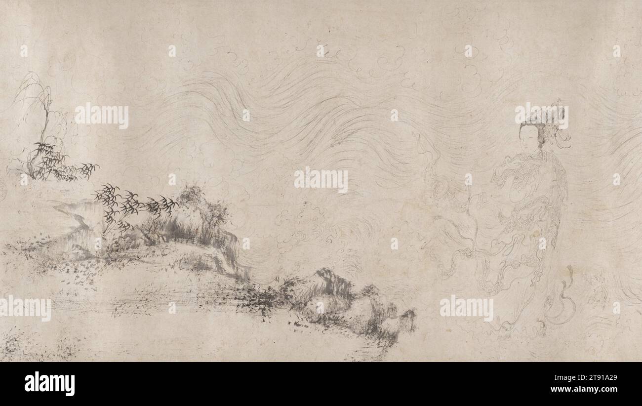 Nymph of the Luo River, 1591, Wang Shanggong, attivo XVI secolo, 12 x 48 1/4 pollici (30,5 x 122,6 cm) (immagine, sinistra, calligrafia)12 x 144" (30,5 x 365,8 cm) (immagine, destra, pittura), inchiostro su carta, Cina, XVI secolo, il poema narrativo classico 'Ninfa del fiume Luo', scritto da Cao Zhi (192–232 d.C.), è il soggetto di questo rotolo a mano elegantemente spazzolato. La storia racconta una storia d'amore senza successo tra un poeta e una dea del fiume. Il verso, uno degli standard della letteratura cinese, divenne un soggetto preferito dei pittori. Foto Stock