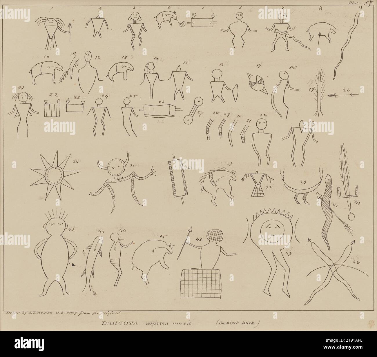 Dacotah Written Music, 1849-1855, Seth Eastman, americano, 1808-1875, 7/8 x 13 poll. (25,08 x 33,02 cm) (foglio), penna e inchiostro, Stati Uniti, XIX secolo, il capitano dell'esercito statunitense Seth Eastman era un artista addestrato che prestò servizio due volte sulla frontiera a Fort Snelling del Minnesota, dal 1830 al 1832 e di nuovo dal 1841 al 1848. I suoi estesi incontri pacifici e di prima mano con i nativi americani gli diedero straordinarie opportunità di osservare le loro usanze e pratiche, che documentò nella sua arte. Foto Stock