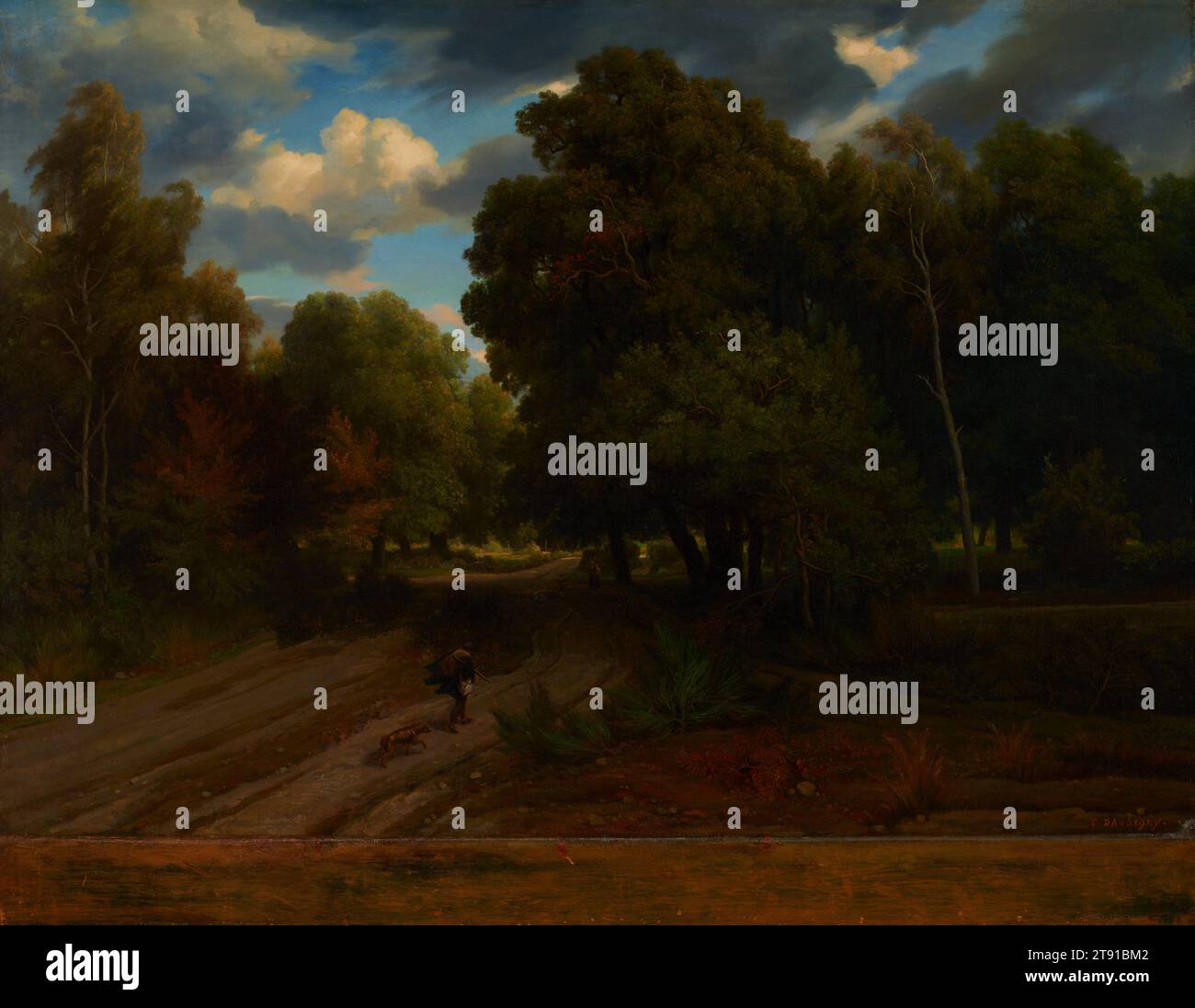 The Crossroads of the Eagle’s Nest, Fontainebleau Forest, 1843-1844, Charles-Francois Daubigny, francese, 1817–1878, 35 1/4 x 45 3/4 poll. (89,54 x 116,21 cm) (tela)43 x 56 x 1/2" (109,22 x 142,24 x 13,97 cm) (cornice esterna), olio su tela, Francia, XIX secolo, Daubigny e i suoi colleghi artisti della Scuola di Barbizon dipinsero la campagna francese, soprattutto intorno al villaggio di Barbizon, nel nord della Francia. Lui entrava, preparava le sue pitture e le sue tele, e andava al lavoro. Il Nido dell'Aquila era un luogo panoramico, un tempo sede di un'aquila, alla periferia di Barbizon, nella foresta di Fontainebleau Foto Stock