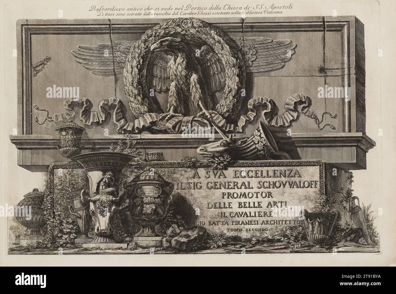 Frontespizio per il volume II di vasi, Candelebri, Cippi, Sarcofagi, 1778, Giovanni Battista Piranesi, italiano (Roma), italiano, 1720–1778, 19 3/4 x 25 1/4 pollici (50,17 x 64,14 cm) (piastra), incisione, Italia, XVIII secolo Foto Stock
