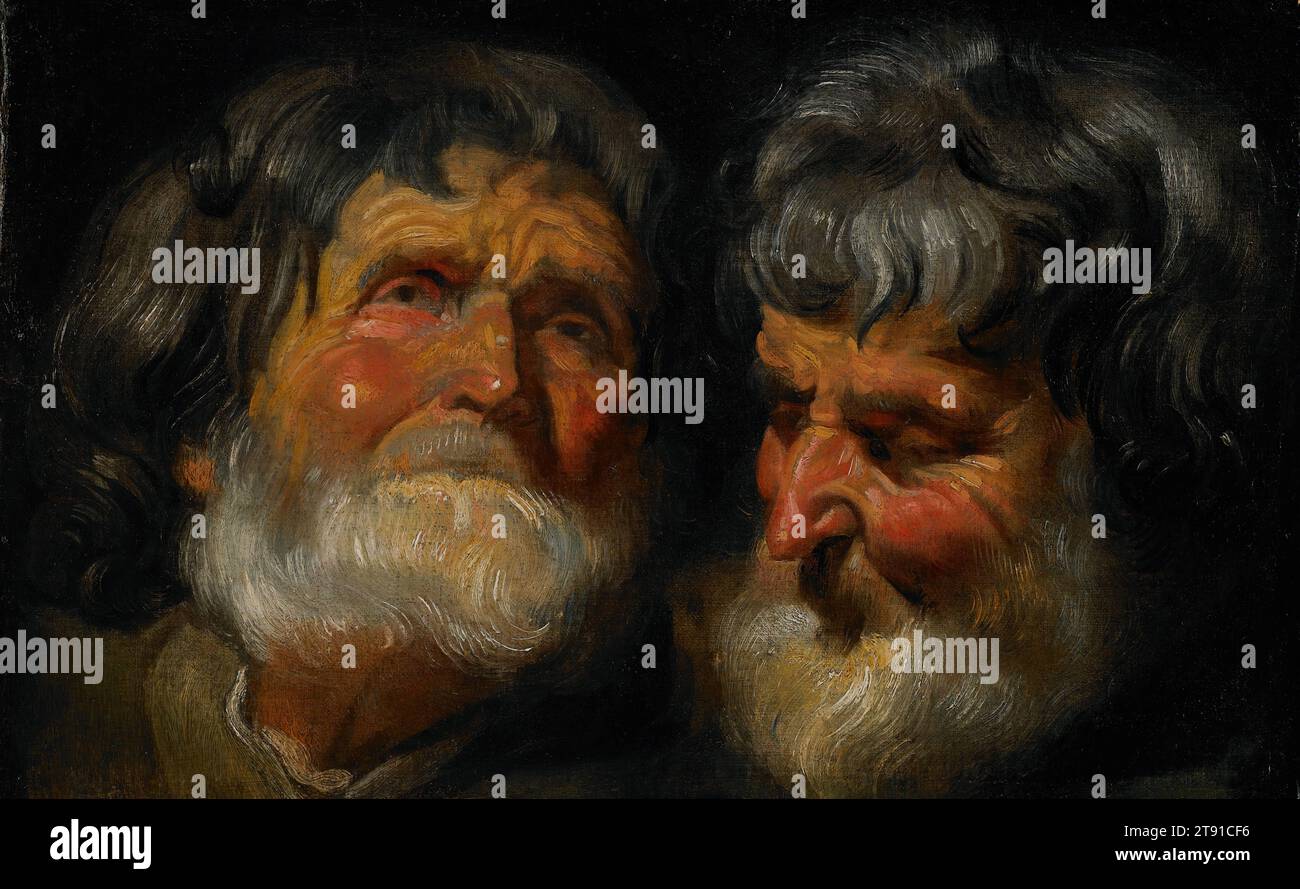 Two Studies of the Head of an Old Man, c. 1630, Jacob Jordaens, Flemish, 1593-1678, 5/8 x 3/4 poll. (29,53 x 47,63 cm) (tela)19 1/4 x 26 1/2 x 3 1/2 pollici (48,9 x 67,31 x 8,89 cm) (telaio esterno), olio su tela, Paesi Bassi, XVII secolo Foto Stock