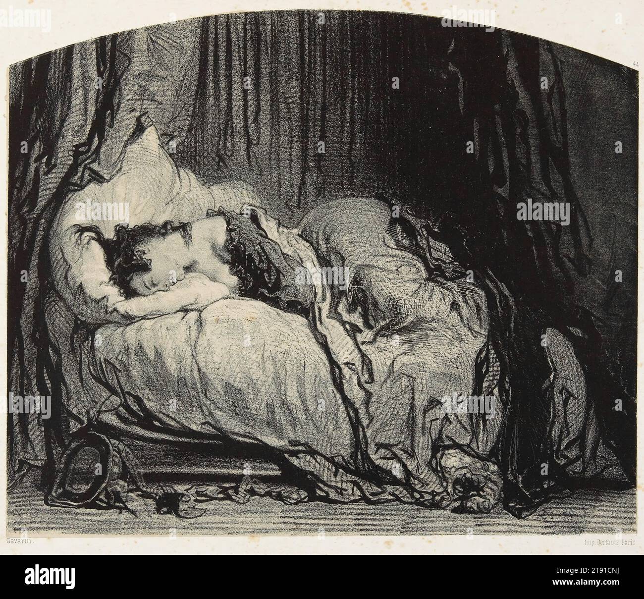 Uno la scuserà perché ha ballato troppo, 1847, Paul Gavarni (Sulpice-Guillaume Chevalier), francese, 1804–1866, 6 7/8 x 8 1/4 pollici. (17,46 x 20,96 cm) (immagine)3/8 x 3/4 pollici (26,35 x 29,85 cm) (foglio), litografia, Francia, XIX secolo Foto Stock